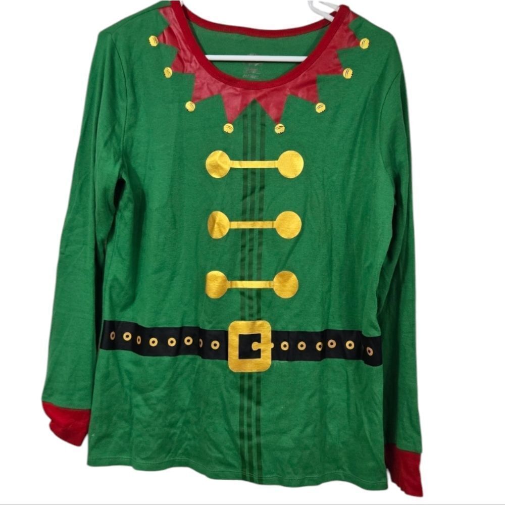 Elf Holiday Tee Long Sleeve Fitted Christmas Shirt Festive Green Pajama Top